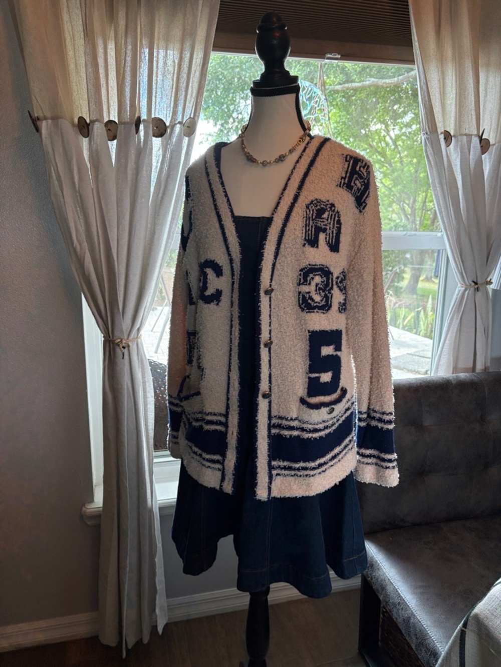 2 of 2 Large VARSITY Cream and Navy Boucle Cardigan